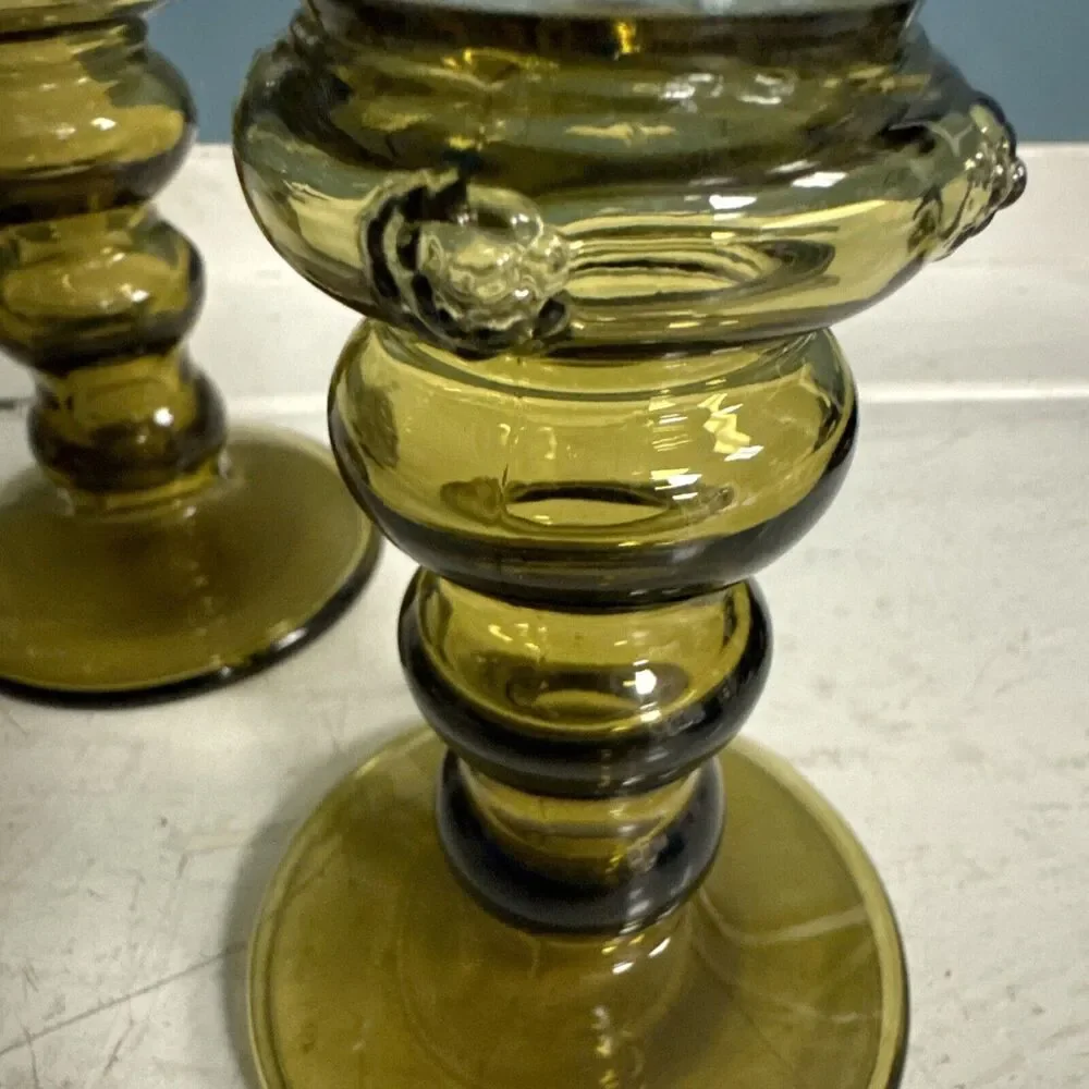 4 Gilded German Roemer Antique 7” Wine Glasses W/ Prunts Olive Green Bubble Stem